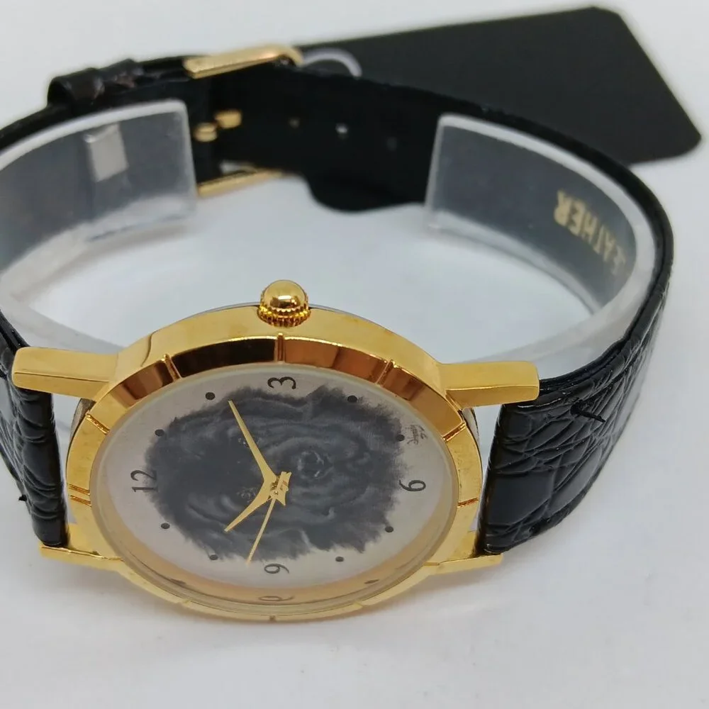 Newfoundland Dog 33mm Women's Gold Tone Black Leather Band Watch NWT